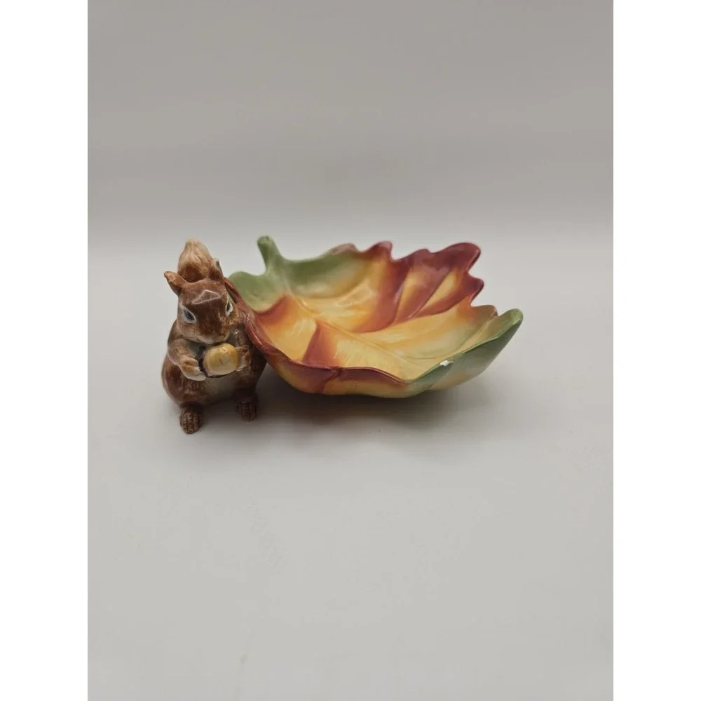 Ceramic Fall Leaf Brown Bowl Squirrel Home Decor